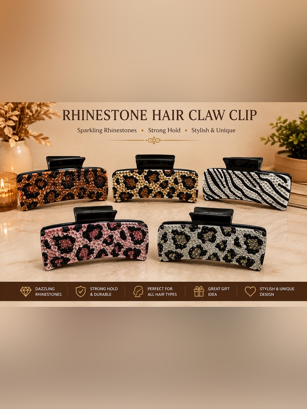 Diamond Art Leopard & Zebra Print Hair Claw Clip - Sealed